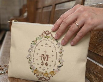 Miraculous Medal Pouch, Virgin Mary Cosmetic Bag, Catholic Gift for Her, Rosary Case, Blessed Mother Zipper Pouch, Religious Makeup Bag