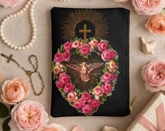 Holy Spirit Dove Pouch Catholic Gift for Women Pink Roses Cross Zipper Bag Christian Vintage Makeup Bag Religious Rosary Case