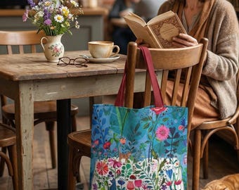 Cat Floral Storybook Tote Cottagecore Library Bag Book Lover Gift Floral Cat Shoulder Bag Whimsical Reading Teacher Gift