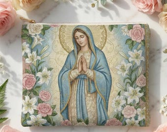 Accessoirezakje Onze-Lieve-Vrouw van Guadalupe, Maagd Maria katholiek cadeau voor vrouwen, bloemen Mexicaanse religieuze kunst zakje met rits, rozenkransdoosje