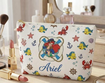 Disney Little Mermaid Ariel Accessory Pouch, Personalized Ariel Makeup Bag, Nautical Flounder Sebastian Cosmetic Case, Custom Mermaid Gift