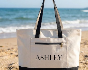Custom Name Logo Zippered Canvas Tote, Heavy Duty Cotton Boat Tote, Beach Bag, Bridesmaid Gift Teacher Appreciation Bag, School Tote