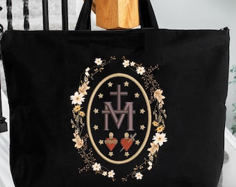 Marian Catholic Tote Bag - Virgin Mary Tote - Catholic Gifts for Women - Catholic Tote Bag - Marian Cross Bag - Floral Women’s Religious Bag