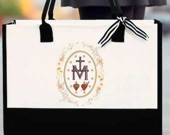 Marian Catholic Tote Bag - Virgin Mary Tote - Catholic Gifts for Women - Catholic Tote Bag - Marian Cross Bag - Floral Women’s Religious Bag