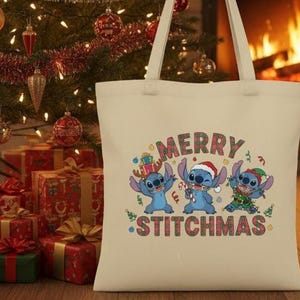 Merry Stitchmas Cotton Tote Bag – Holiday Disney Gift image 1