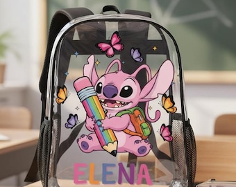 Stitch Angel Backpack, Custom Girls Clear Backpack, Personalized Transparent PVC School Bag, Kids Bookbag