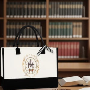 Marian Virgin Mary Tote Bag: Catholic Floral Cross Design