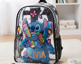 Personalized Stitch Clear Backpack, Custom Name School Bag, Stadium Approved