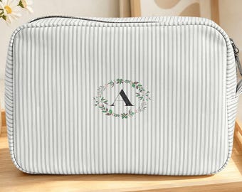 Personalized Emboidered Monogram Initial Seersucker Striped Cotton Makeup Bag Cosmetic Pouch