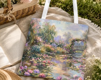 Claude Monet Water Lilies Tote Bag: Impressionist Floral Garden Shoulder Purse with Boxed Corners