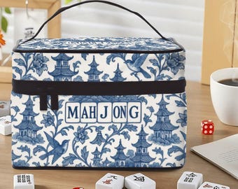 Chinoiserie Mahjong Tile Bag: Blue & White Polyester Travel Case