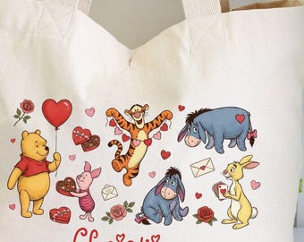 Winnie the Pooh Valentine's Day Tote, Personalized Disney Pooh Piglet Tigger Eeyore Zippered Bag, Disney World Trip Bag, Valentine Gift
