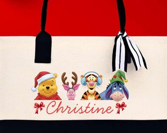Custom Disney Christmas Bag with Winnie The Pooh and Friends, Personalized Kids Tote Sack, Xmas Gift Bag with Name, Holiday Pooh Bear Bag