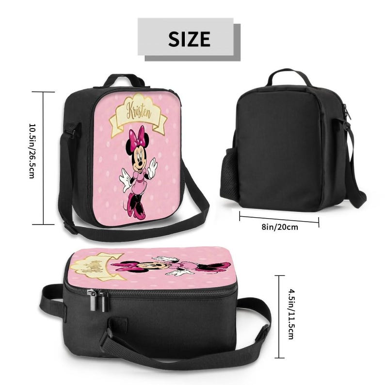 Bolsa de almuerzo isotérmica personalizada de Minnie Mouse de Disney, color rosa con lunares, para niñas. imagen 2