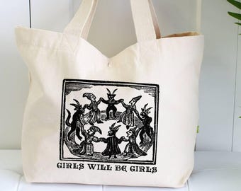 Zippered Girls Will Be Girls Bag, Funny Witch Vintage Tote, Feminist design, Halloween Gift