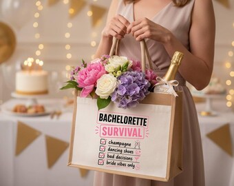 Custom Bachelorette Jute Tote Bag: Bride Party Favor, Bridesmaid Proposal Gift