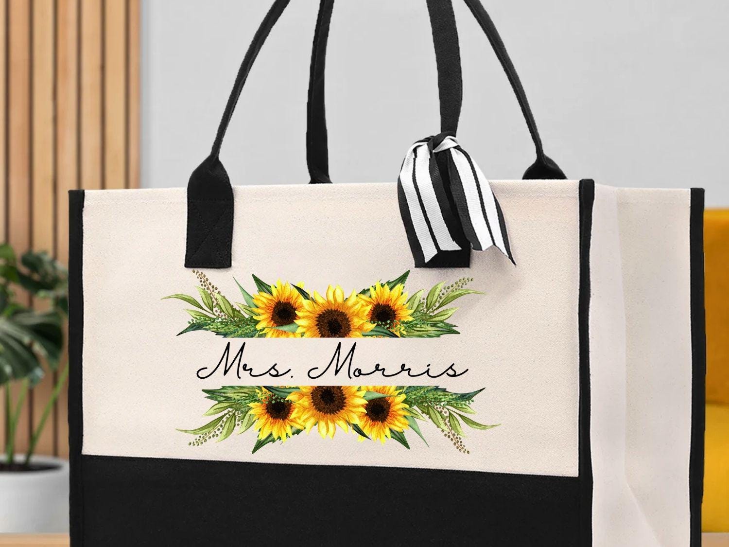 AUSVKAI Cute Sunflowe Initial Canvas Tote Bag Aesthetic Fo