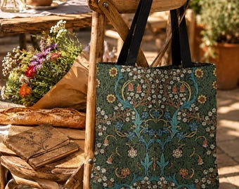 William Morris Style Tapestry Woven Tote Bag, Vintage Dark Green Botanical Cotton Strap Handbag