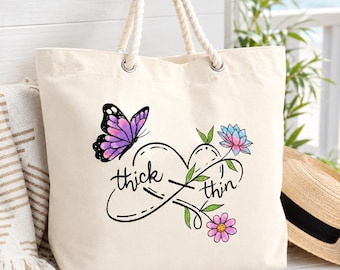 Butterfly Heart Thick and Thin Canvas Tote Bag Heavy Cotton Rope Handles 20x15