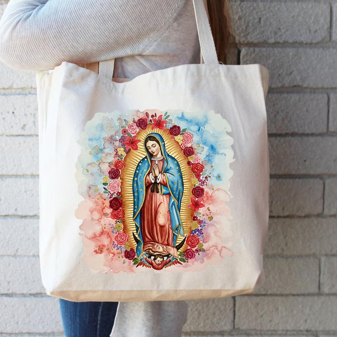Watercolor Our Lady of Guadalupe Tote Bag: Floral Virgin Mary Christian ...