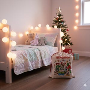 May include: A Christmas-themed bedroom scene with a decorated tree, a bed with stuffed animals, and a personalized gift bag. The bag is beige with a red drawstring and features a colorful cartoon design and the name "Benjamin".