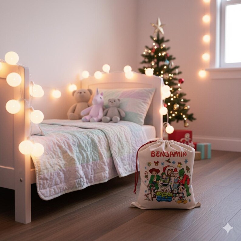 May include: A Christmas-themed bedroom scene with a decorated tree, a bed with stuffed animals, and a personalized gift bag. The bag is beige with a red drawstring and features a colorful cartoon design and the name "Benjamin".
