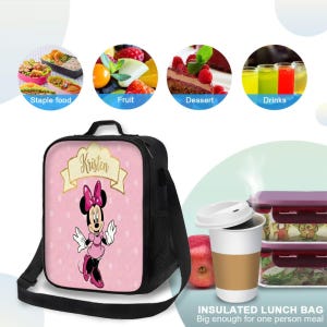 Bolsa de almuerzo isotérmica personalizada de Minnie Mouse de Disney, color rosa con lunares, para niñas. imagen 5