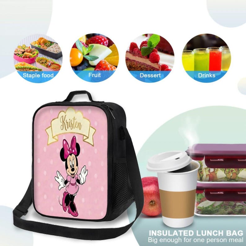 Bolsa de almuerzo isotérmica personalizada de Minnie Mouse de Disney, color rosa con lunares, para niñas. imagen 5