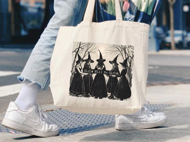 Vintage Girls Will Be Girls Witch Tote Bag, Halloween Gift image 3