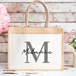 Personalized Jute Bag with Initial & Name, Custom Gift Tote, Bachelorette Party Favor, Teacher Farewell Gift, Mother’s Day Bag, Custom Tote