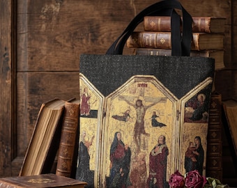 Byzantine Crucifixion Icon Woven Tote Bag, Medieval Gold Triptych Cathedral Shoulder Purse, Religious Art Gift 17x18