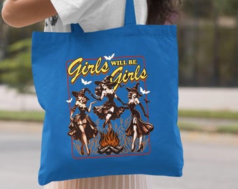 Vintage Witch Girls Cotton Tote Bag, Halloween Feminist Bag