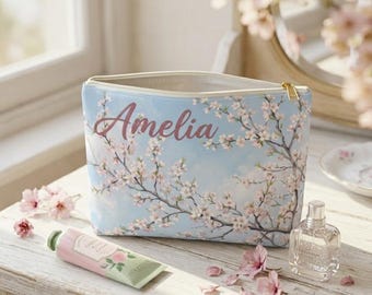 Personalized Cherry Blossom Makeup Bag: Custom Name Floral Cosmetic Pouch with Gold Zipper