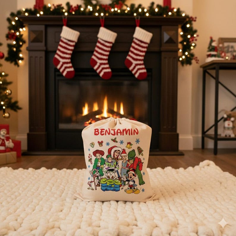 May include: A beige Christmas gift sack with a drawstring closure, featuring a colorful cartoon character design and the name "BENJAMIN" in red. The sack is placed on a white, textured rug in front of a fireplace with three red and white striped stockings.