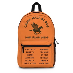 Sac à dos Camp de sang mêlé - cadeau pour les fans de Percy Jackson, cartable d'école, sac à dos pour tout-petits, produits dérivés du camp Long Island, sac à dos orange