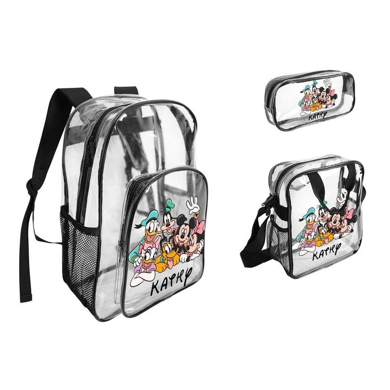 Juego de 3 mochilas transparentes de Mickey Mouse Friends: mochila transparente personalizada, bolsa para el almuerzo y estuche para lápices. Juego de mochilas escolares Disney para niños. imagen 6