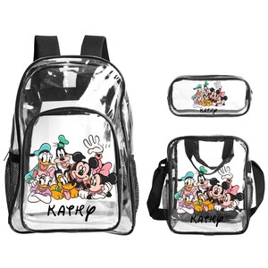 Juego de 3 mochilas transparentes de Mickey Mouse Friends: mochila transparente personalizada, bolsa para el almuerzo y estuche para lápices. Juego de mochilas escolares Disney para niños. imagen 2
