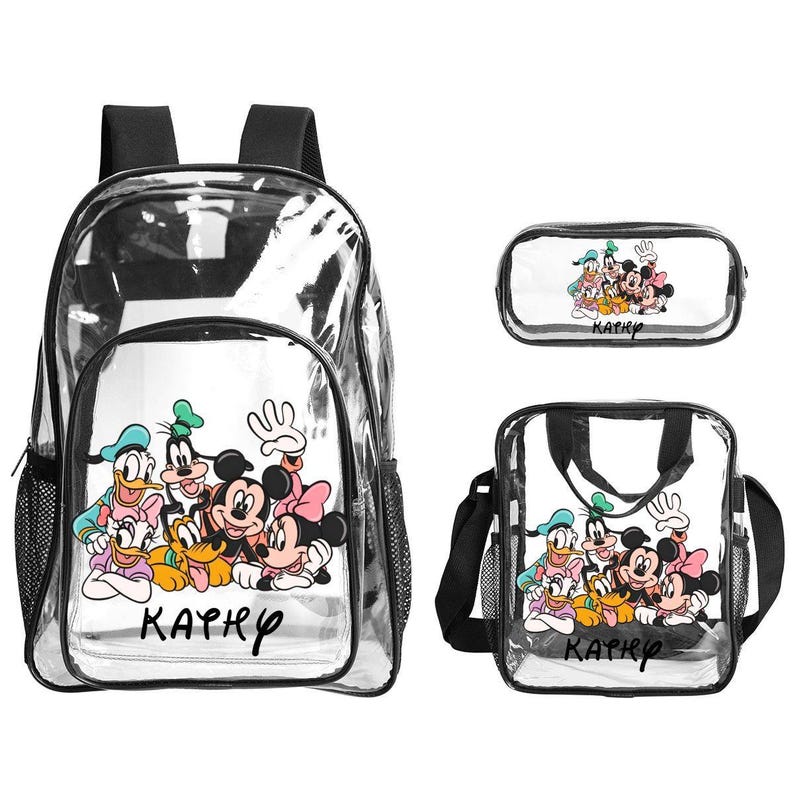 Juego de 3 mochilas transparentes de Mickey Mouse Friends: mochila transparente personalizada, bolsa para el almuerzo y estuche para lápices. Juego de mochilas escolares Disney para niños. imagen 2