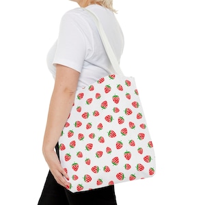 Strawberry Tote Bag, Eco Friendly Shopper Bag for Farmers Market, Reusable Grocery Tote, Cute Gift Bag for Spring and Summer
