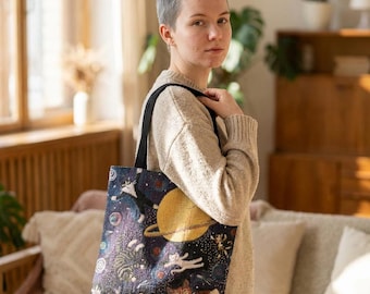Cats Planet Space Mosaic Woven Tote | Cosmic Cat Astronaut Pattern