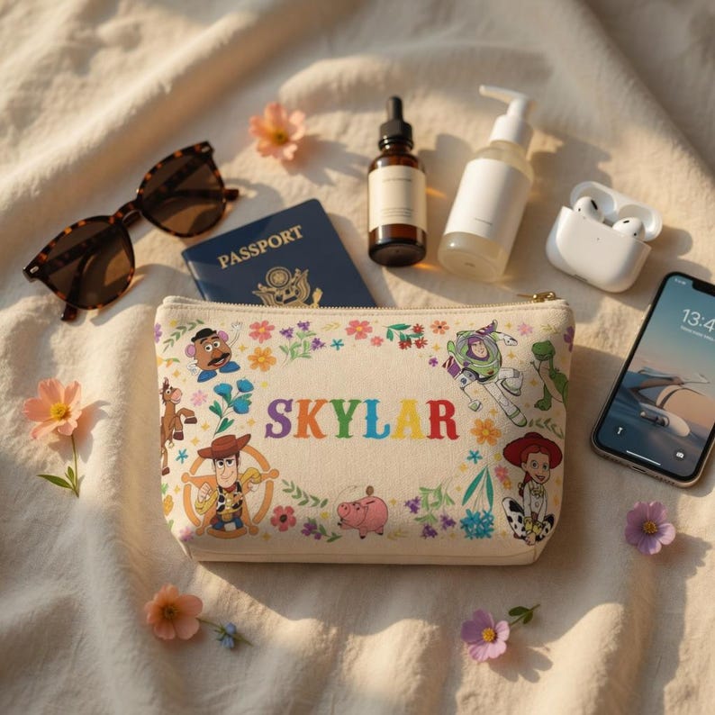 Puede incluir: Un neceser de lona beige con el nombre "Skylar" en letras de arco&iacute;ris, rodeado de ilustraciones florales y personajes de Toy Story. El neceser est&aacute; junto a gafas de sol, un pasaporte, productos para el cuidado de la piel, un tel&eacute;fono y auriculares.