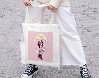 Custom Name Disney Minnie Mouse White Canvas Tote Bag 15.7x13.8 Pink Polka Dot (Free Shipping)