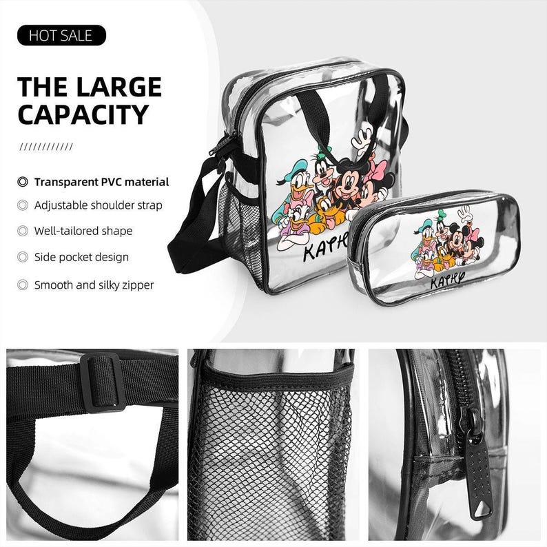 Juego de 3 mochilas transparentes de Mickey Mouse Friends: mochila transparente personalizada, bolsa para el almuerzo y estuche para lápices. Juego de mochilas escolares Disney para niños. imagen 5