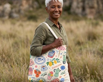 Italian Summer Pattern Tote Bag | Lemon, Vespa, Espresso, Beach Icons