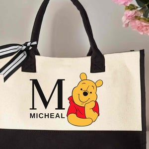 Custom Monogram Winnie The Pooh Bag, Personalized Name Disney Tote, Library Book Bag, Teacher Gift image 2