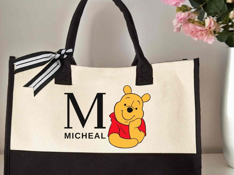 Custom Monogram Winnie The Pooh Bag, Personalized Name Disney Tote, Library Book Bag, Teacher Gift image 2