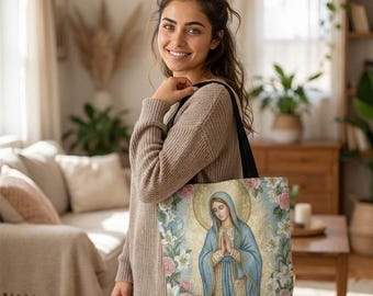 Our Lady of Guadalupe Tote Bag | Religious Floral Illustration Bag