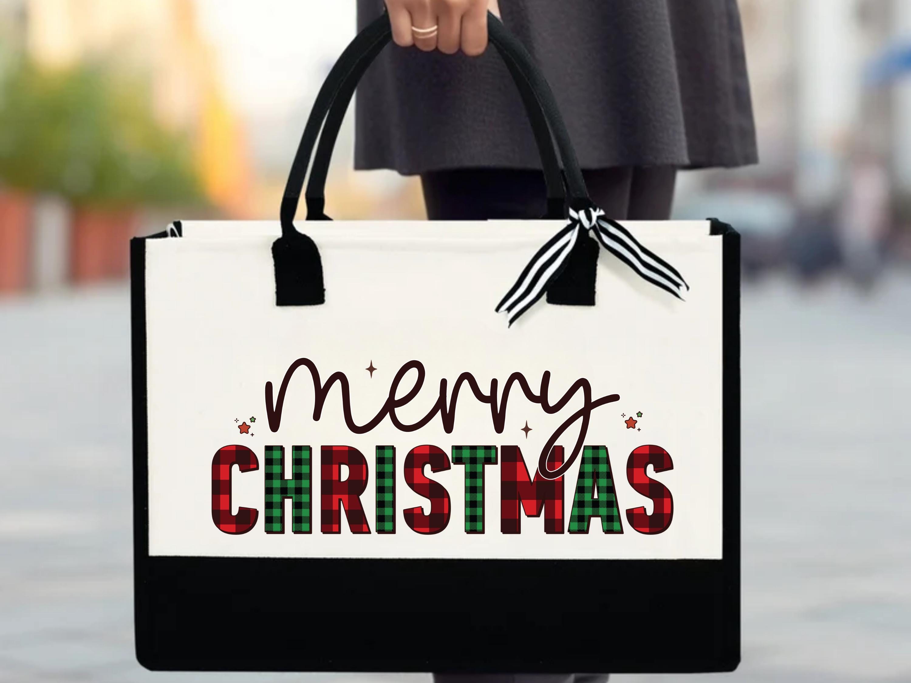 Large Christmas Tote Bag, Merry Christmas Bag, Xmas Party Bag, Canvas Tote with Ribbon, Holiday Gift Bag, Merry Christmas, Holiday Shopping