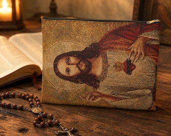 Catholic Jesus Sacred Heart Spun Polyester Accessory Rosary Pouch Gold Zipper