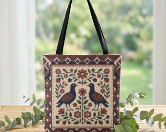 Folk Bird Tote Bag, Woven Tapestry Bag, Boho Market Bag, Aesthetic Teacher Gift, Library Tote Bag, Turkish Kilim Purse, Traditional Folk Art